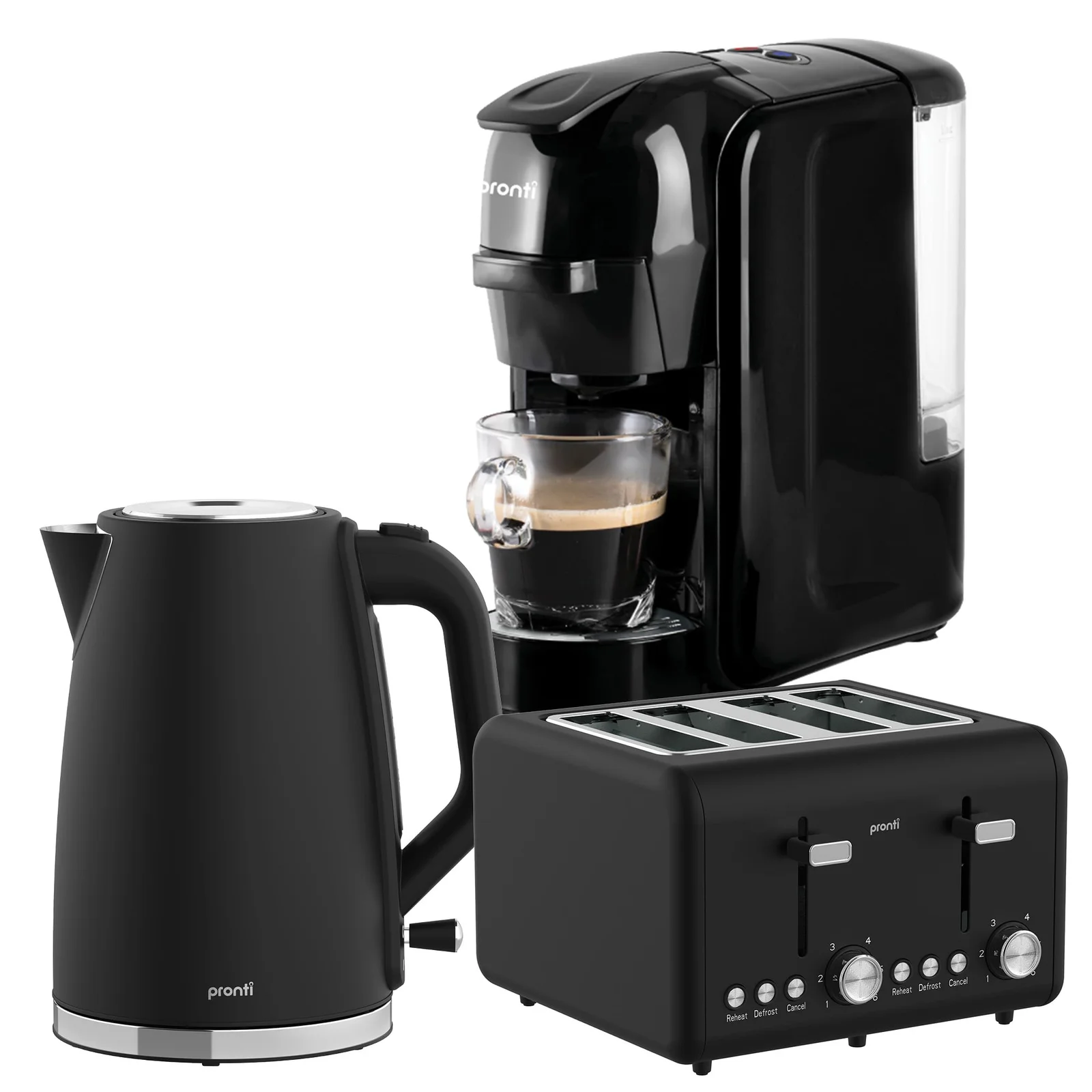 Pronti Breakfast Set with HomeMaid Coffee Machine, Silver Noir Toaster & Kettle
