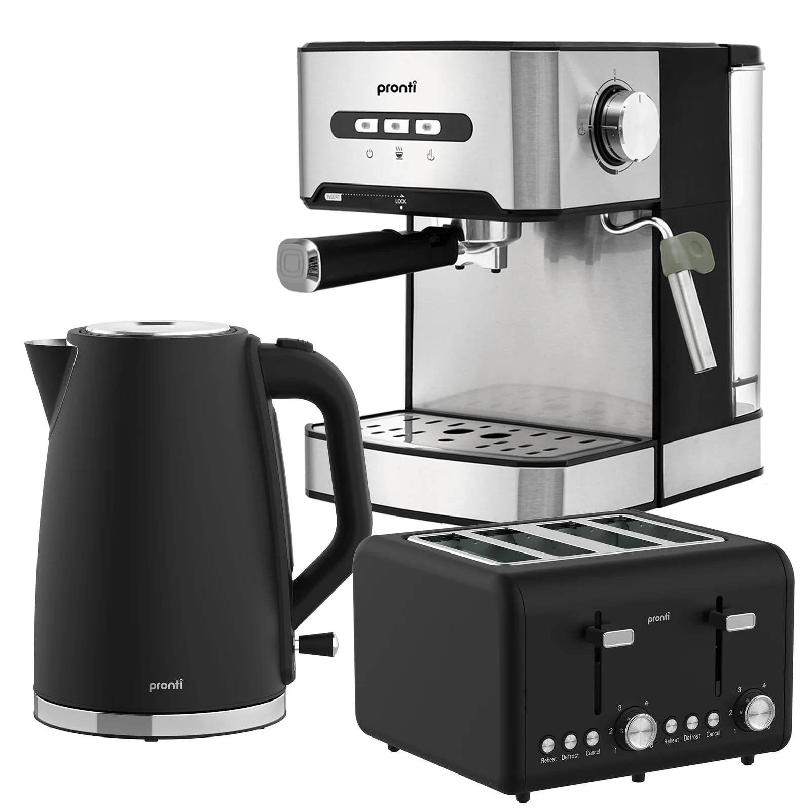 Pronti Breakfast Set with 1.6L Coffee Machine, Silver Noir Toaster & Kettle