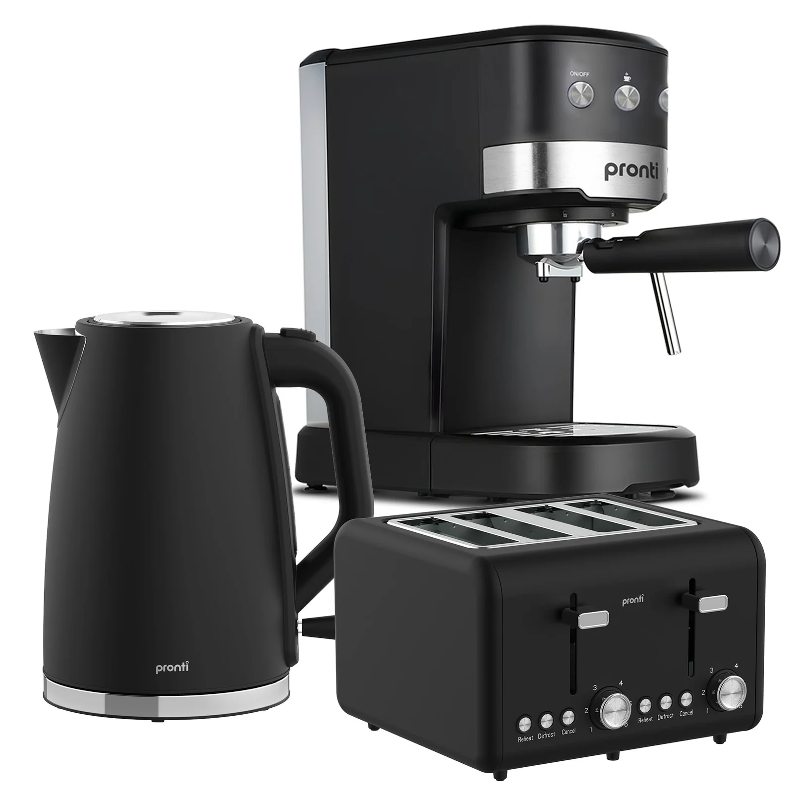 Pronti Breakfast Set with 1.25L Coffee Machine, Silver Noir Toaster & Kettle