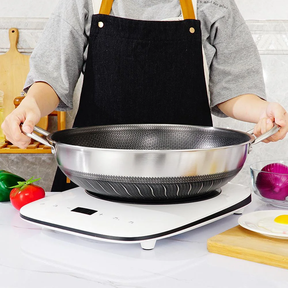 316 Stainless Steel 38cm Double Ear Non-Stick Stir Fry Cooking Kitchen Wok Pan without Lid Honeycomb Double Sided No Lid