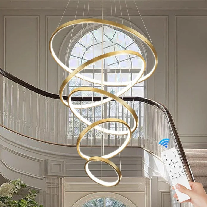 BAMDECOR A18801 Modern LED Chandelier, Dimmable Pendant Light with Remote Control Rings Round Ceiling Lighting Fixture 3 Color Temperatures Contemporary Chandeliers (5 Rings-Gold)