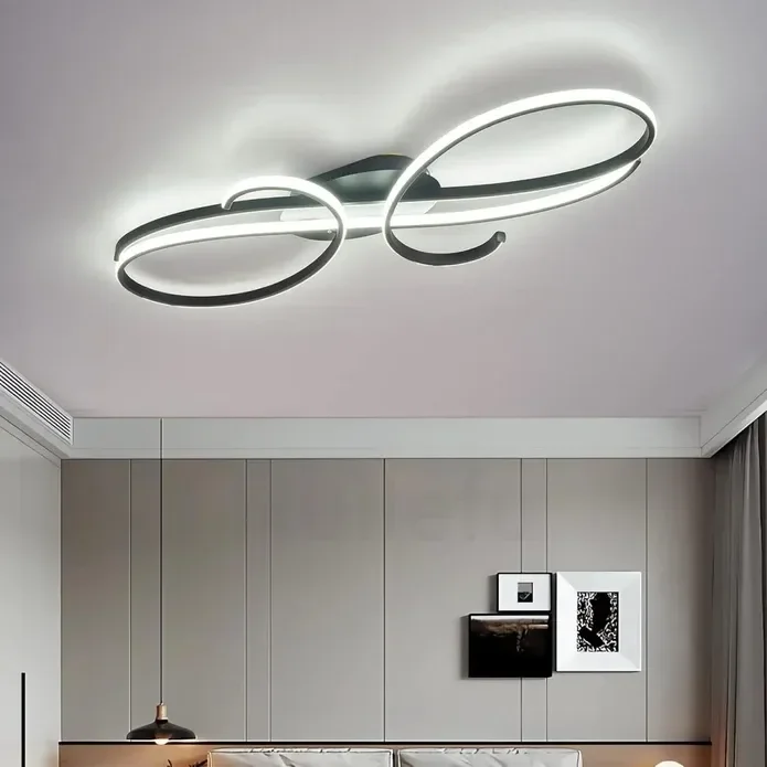 BAMDECOR AD2576 Modern Minimalist Curved Line Iron Aluminum Silicone LED Semi-Flush Mount Ceiling Light For Living Room (Black)