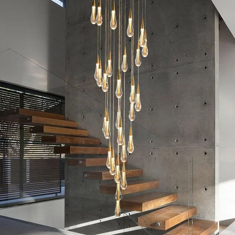 BAMDECOR LT12 18-Heads Solid Crystal Rain drop Chandelier High Ceiling Foyers Entrance Chandeliers Staircase Long Pendant Light (Gold)