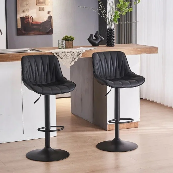 SERENITà Black Modern Height Adjustable Swivel Bar Stools Upholstered Leather Barstool Kitchen Island Chairs with Metal Frame (Set of 2)