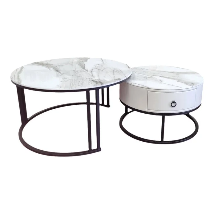 Snowy Mountain Faux Modern Marble Slate Nesting Coffee Table Set Leather Wrapped Wood Drawers