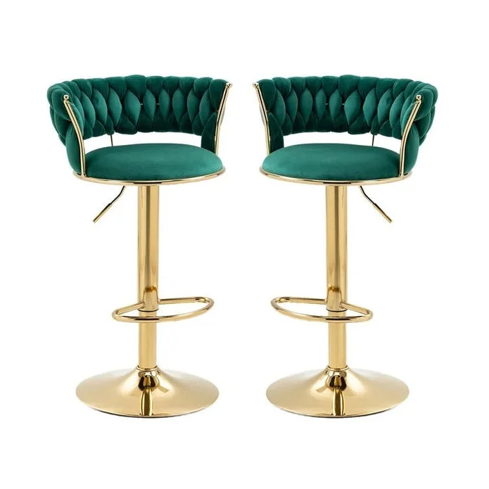 2x Height Adjustable Swivel Bar Stool Velvet Golden Base Barstools Chairs Padded Seat- Green