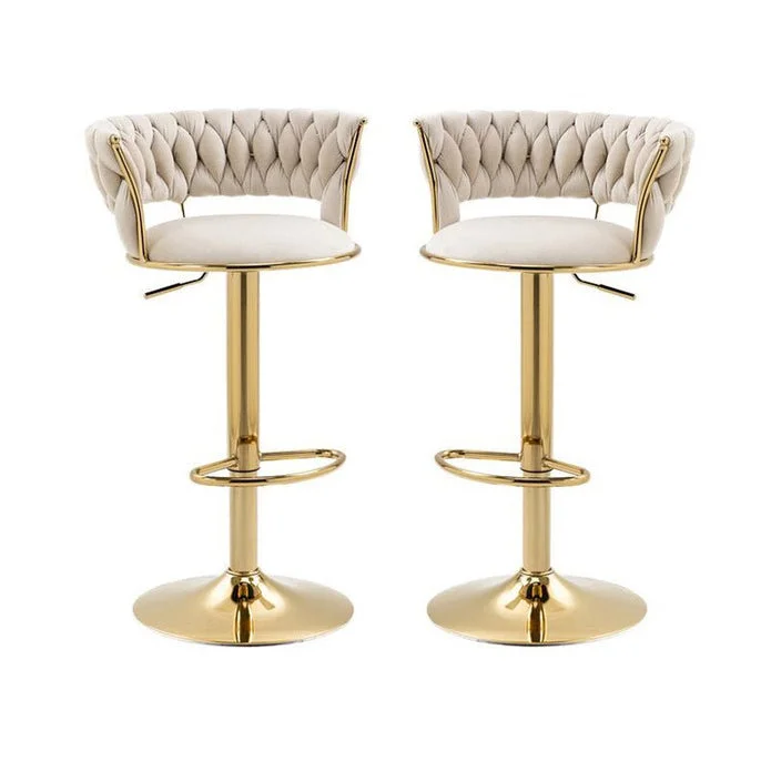 2x Height Adjustable Swivel Bar Stool Velvet Golden Base Barstools Chairs Padded Seat- Beige