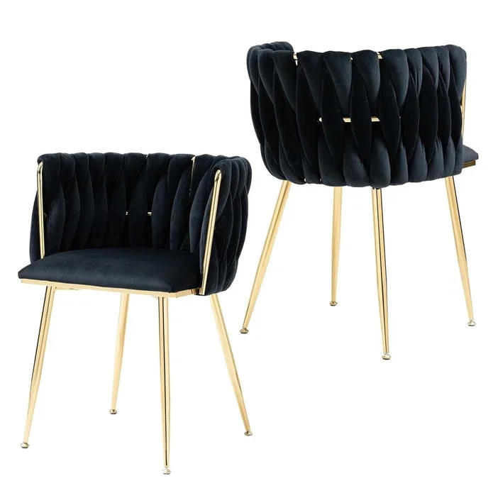 SERENITà Black Modern Hand Weaving Dining Chairs,Velvet Upholstered Side Chairs with Gold Legs, Chic Vanity Chairs with Armrest, Accent Chair for Dining Room, and Cafe Set of 2