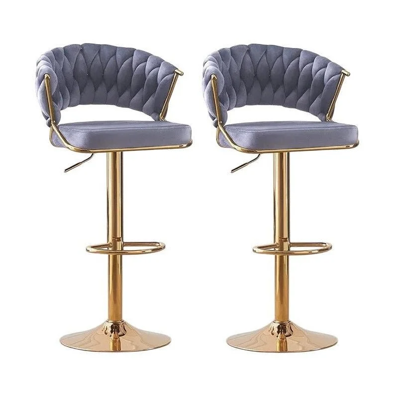 2x Height Grey Velvet Padded Golden Round Base Barstools Chairs