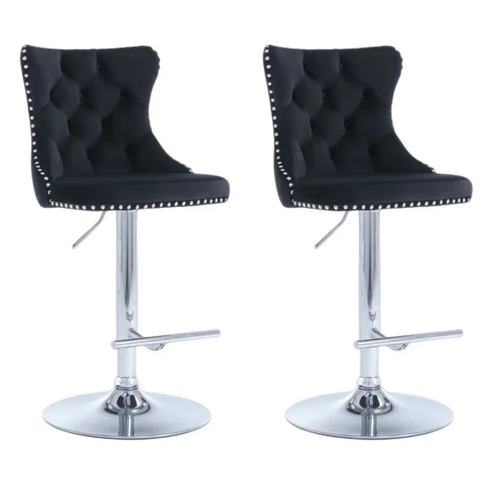 SERENITà Black Velvet Bar Stools Adjustable Swivel Counter Height Chairs with Tufted Back and Nailhead Trim for Kitchen Island Pub Restaurant (2Pcs, Chrome Metal)