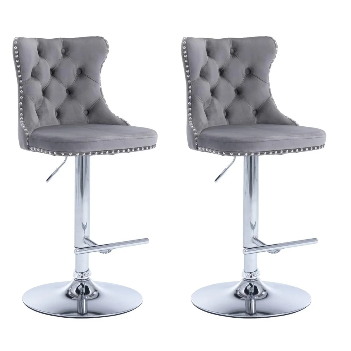 SERENITà Gray Velvet Bar Stools Adjustable Swivel Counter Height Chairs with Tufted Back and Nailhead Trim for Kitchen Island Pub Restaurant (2Pcs, Chrome Metal, Grey)