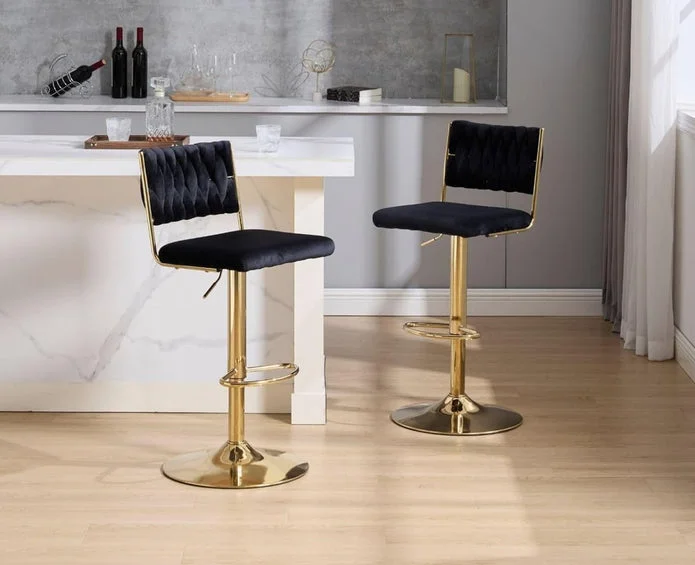 SERENITà  2x Velvet Bar Stools with Braided Back Elegant Kitchen High Chairs, Kitchen Island Stools Adjustable Height Swivel Bar Chairs with Gold Legs for Home-Black