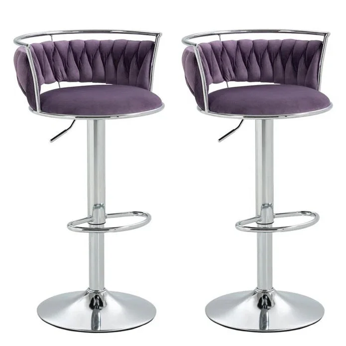 SERENITà Silver Swivel Upholstered Velvet Adjustable Height Counter Stool with Metal Frame Voilet (Set of 2)