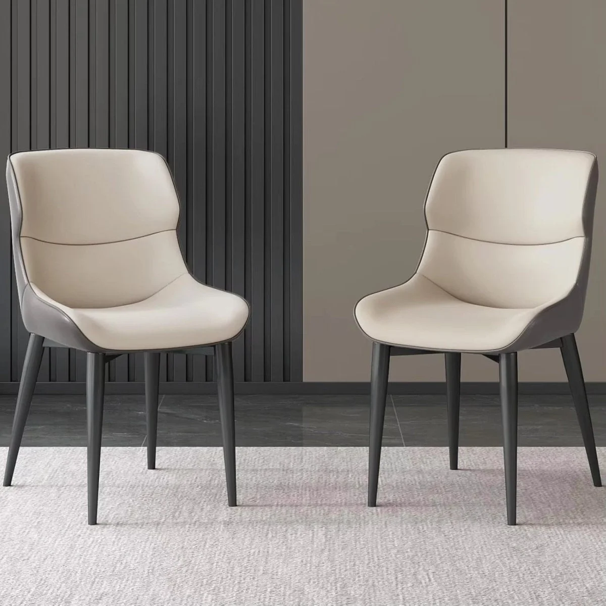 Dark Grey Italian Minimal List Dining Chairs PU Retro Chair Cafe Kitchen Modern Metal Legs x2