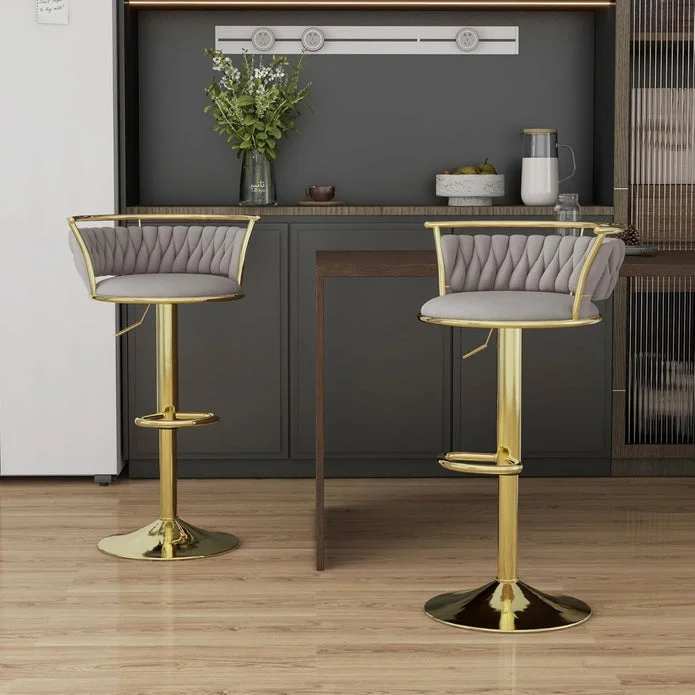 SERENITà Golden Swivel Upholstered Velvet Adjustable Height Counter Stool with Metal Frame Grey (Set of 2)