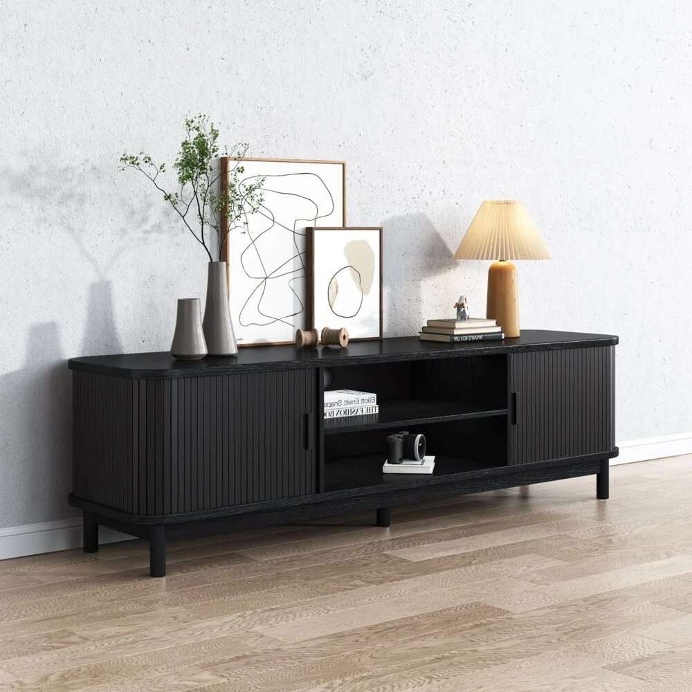 160cm Ribbed Black Entertainment Unit