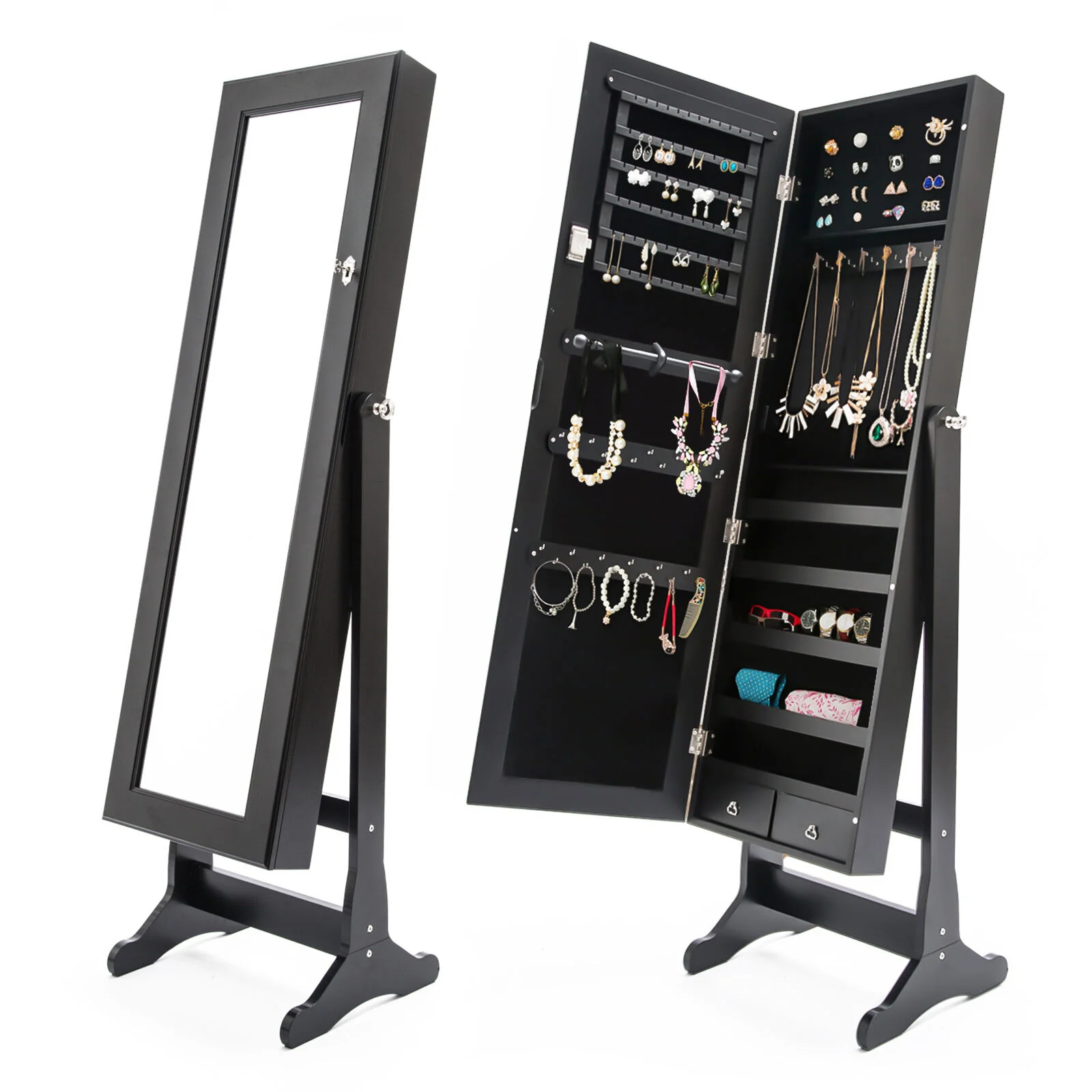 Mirror Jewellery Cabinet Organiser 2 Drawers LOWE 146cm BLACK