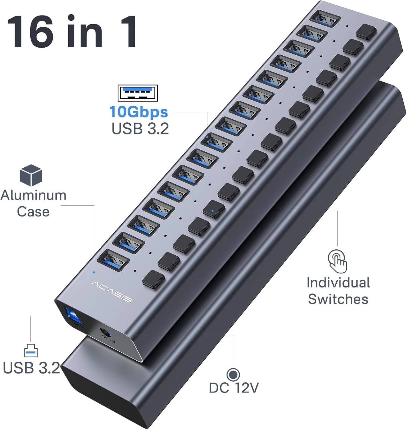 ACASIS HS-716MG USB 3.2 Gen2 10Gbps 12V/8A 16 Port USB-A + On/Off Switch with AC Power Adapter for PC & Laptop