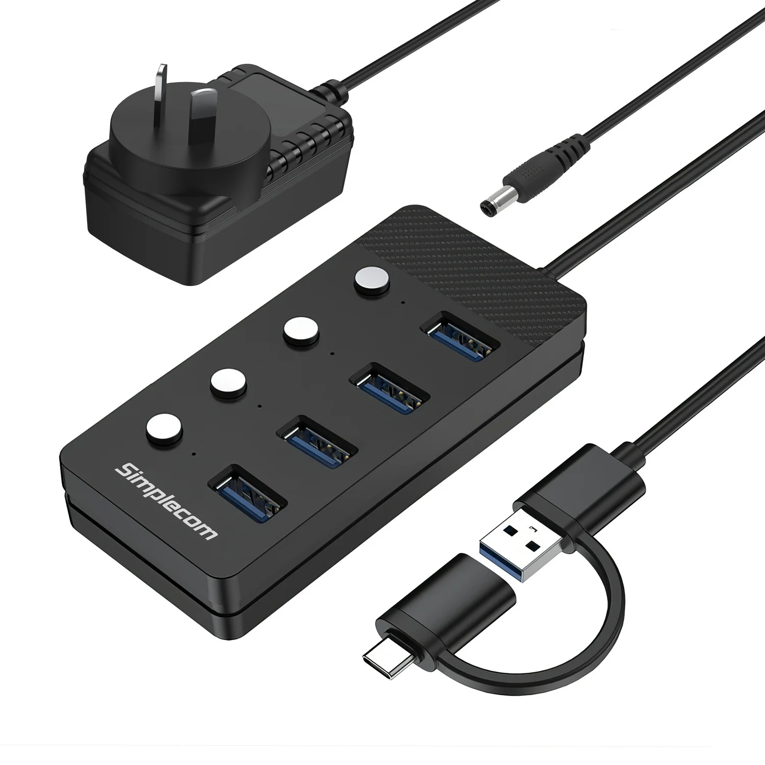 Simplecom CH345C SuperSpeed USB-A and USB-C to 4-Port USB 3.0 Hub 5Gbps Individual Switches and Power Adapter