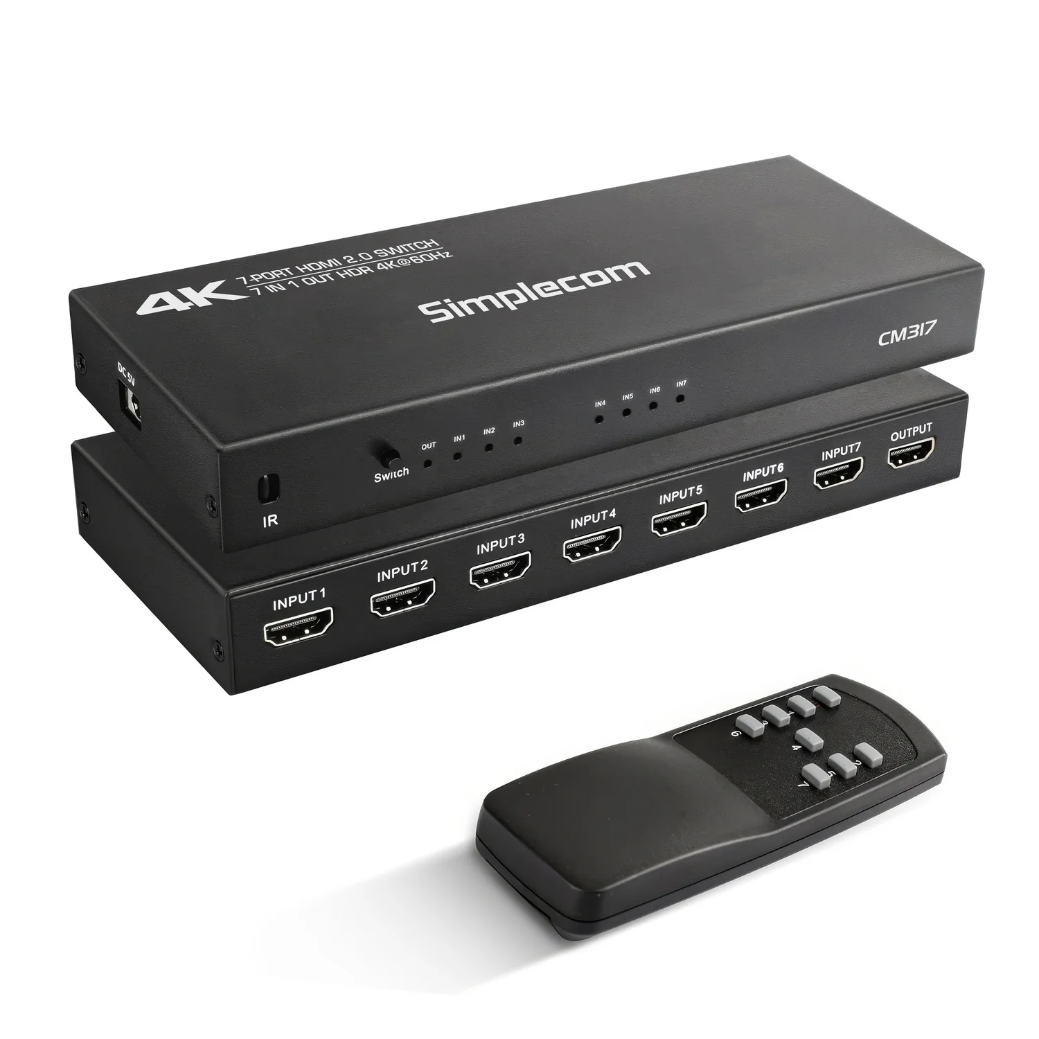 Simplecom CM317 7-Port HDMI 2.0 Switch with Remote 7 IN 1 OUT Splitter HDCP 2.2 4K@60Hz 