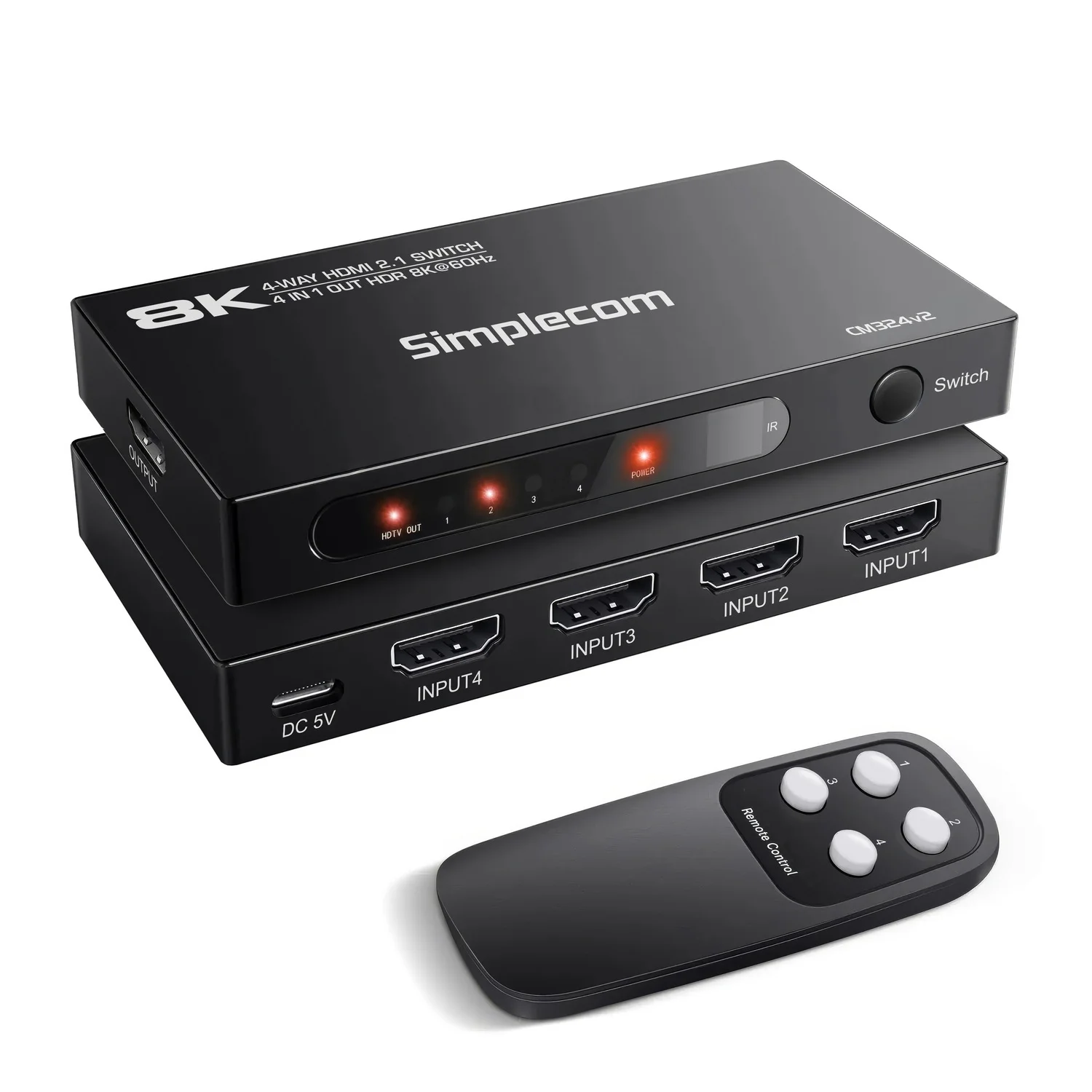 Simplecom CM324v2 4-Port HDMI 2.1 Switch with Remote 4 IN 1 OUT Splitter HDCP 2.3 8K@60Hz