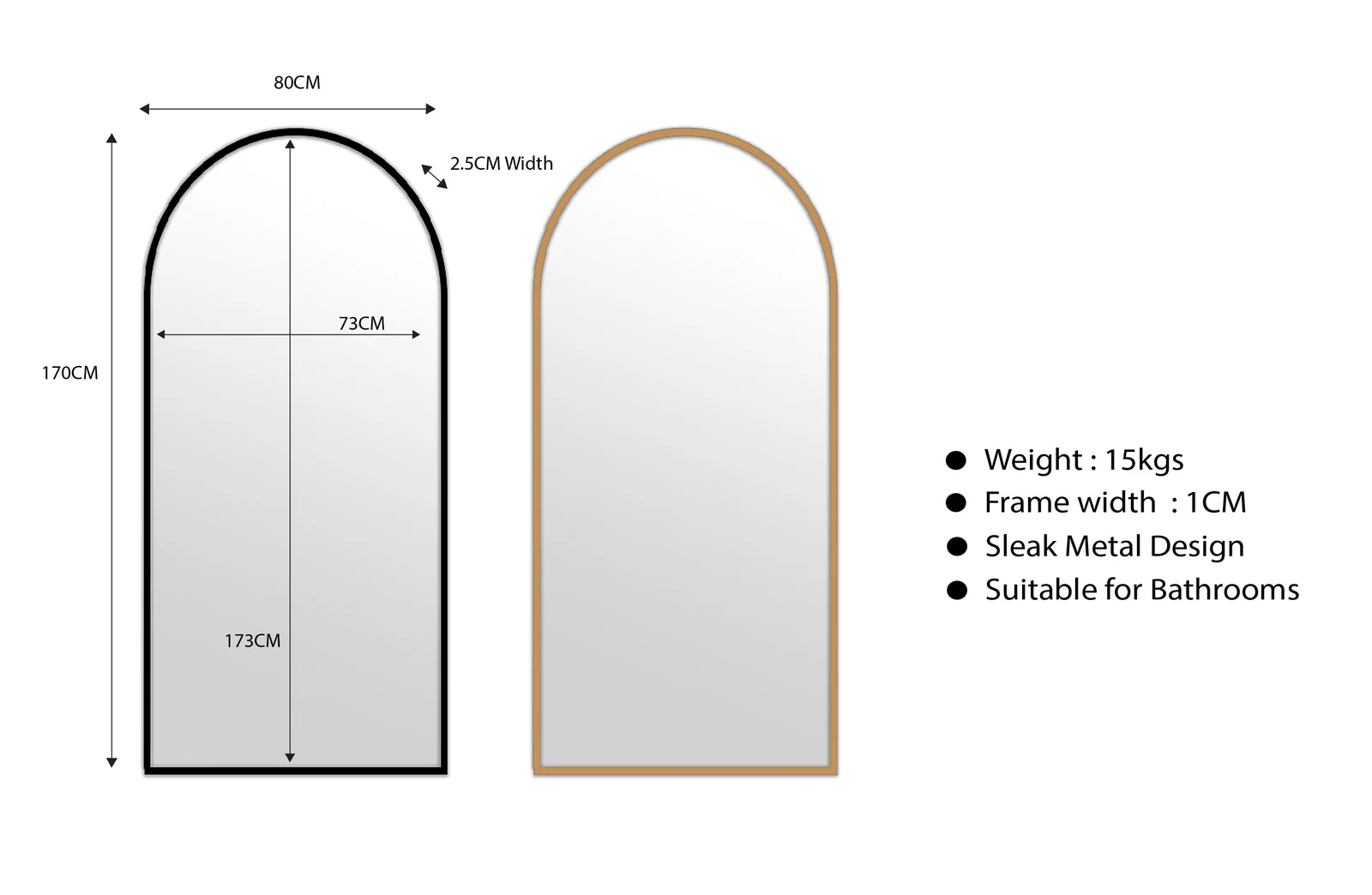 Metal Arch Mirror 80cm x 170cm - Black
