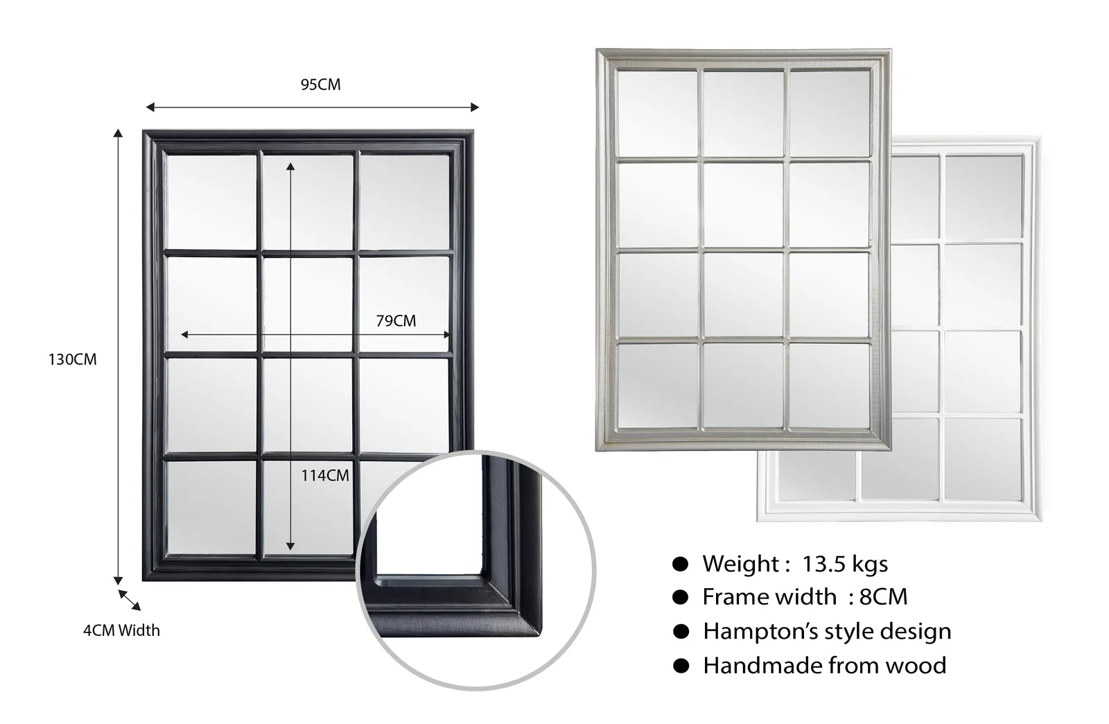 Window Style Mirror - Black Rectangle 95cm x 130cm