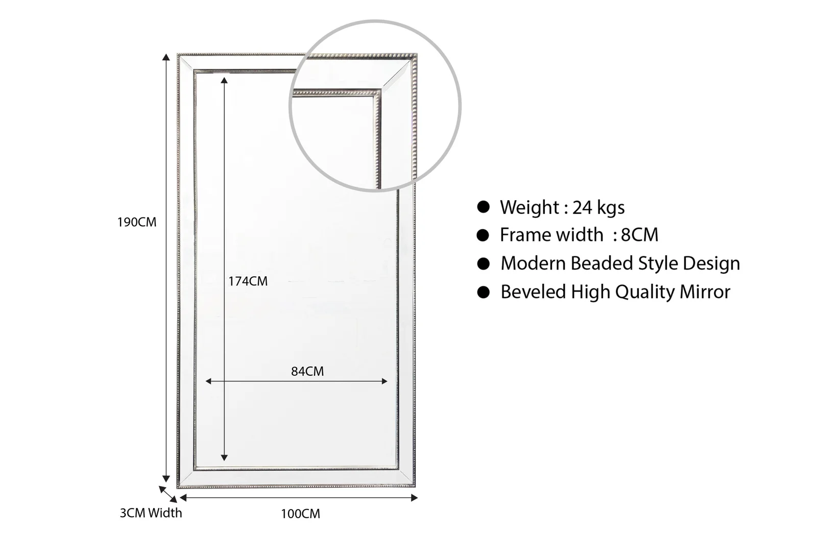 Silver Beaded Framed Mirror - X Large 190cm x 100cm