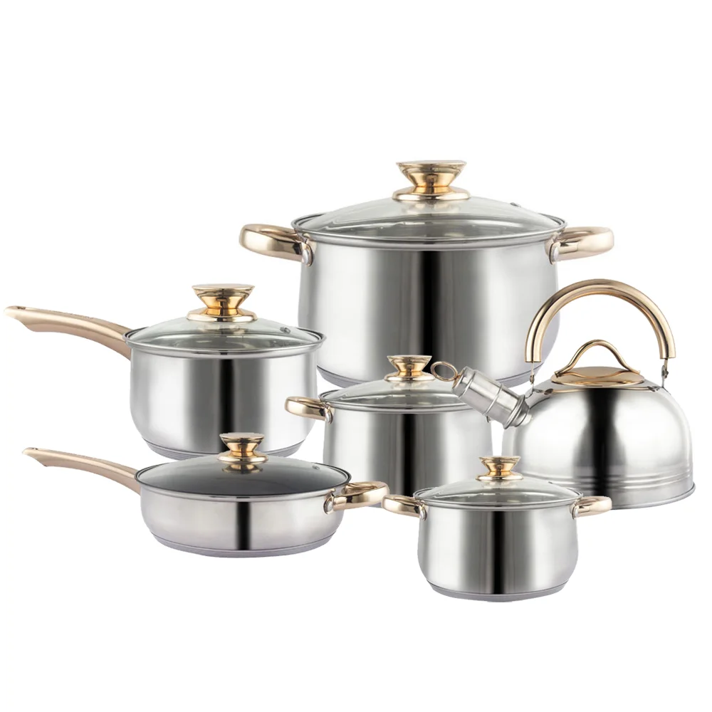 12Piece Cookware Set Kitchen Stainless Steel Stock Pot Pan Sets Saucepan Casserole kettle
