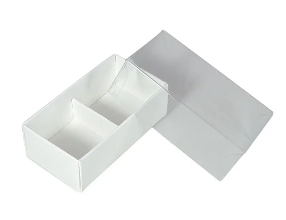 100 Pack of White Card Chocolate Sweet Soap Product Retail Gift Box - 2 Bay Compartments - Clear Slide On Lid - 8x4x3cm