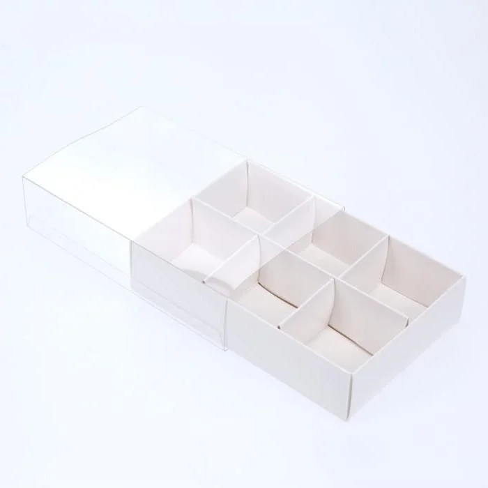 100 Pack of White Card Chocolate Sweet Soap Product Retail Gift Box - 6 Bay Compartments - Clear Slide On Lid - 12x8x3cm