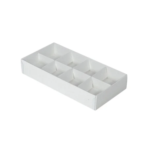 100 Pack of White Card Chocolate Sweet Soap Product Retail Gift Box - 8 bay 3cm Compartments - Clear Slide On Lid - 16x8x3cm