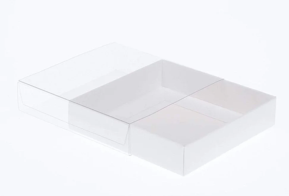 50 Pack of 10cm Square Invitation Coaster Favor Function product Presentation Cookie Biscuit Patisserie Gift Box - 2cm deep - White Card with Clear Slide On PVC Lid