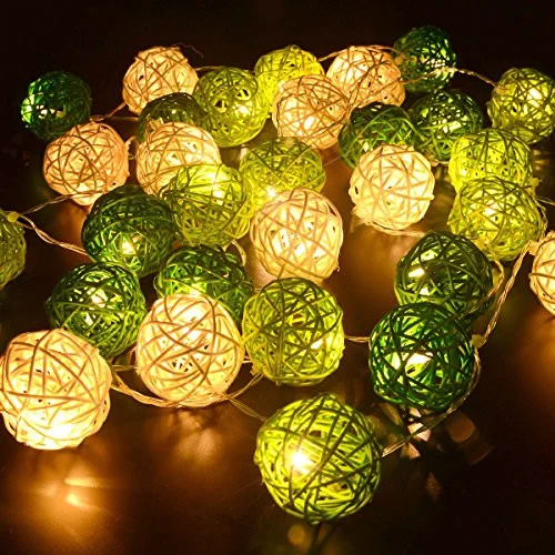 1 Set of Green n White 5cm Rattan Cane 20 Ball Battery Powered 3m String Lights Christmas Gift Home Wedding Party Bedroom Decoration Table Centrepiece