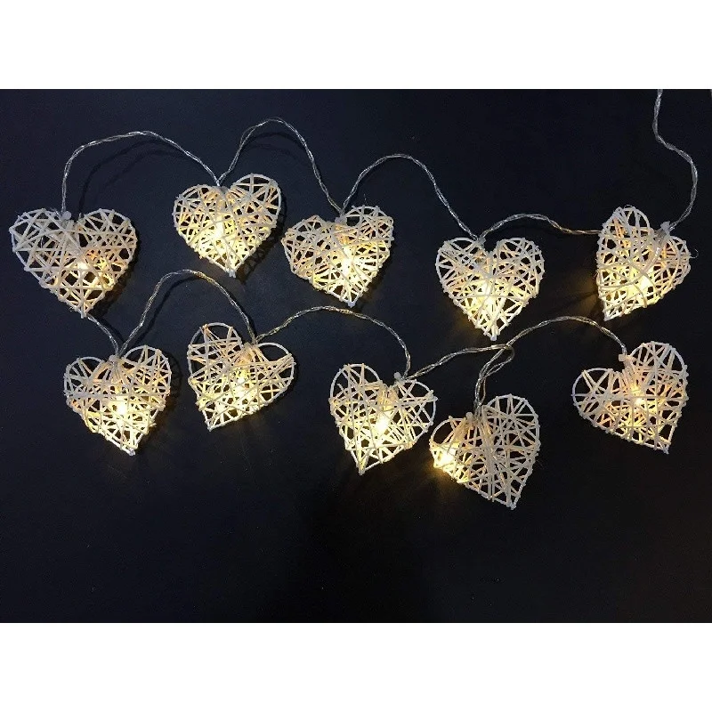 50 White 3D Hollowed Rattan Heart-Shaped 5M LONG String Fairy Lights, Battery (AA) Indoor & Outdoor Decorations Wedding Valentines Romantic Room Table Lighting