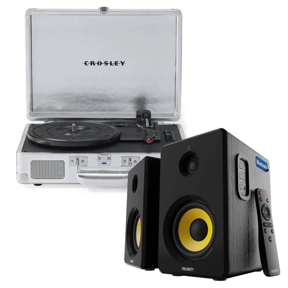 Crosley Cruiser Bluetooth Portable Turntable - Silver + Bundled Majority D40X Bluetooth Speakers