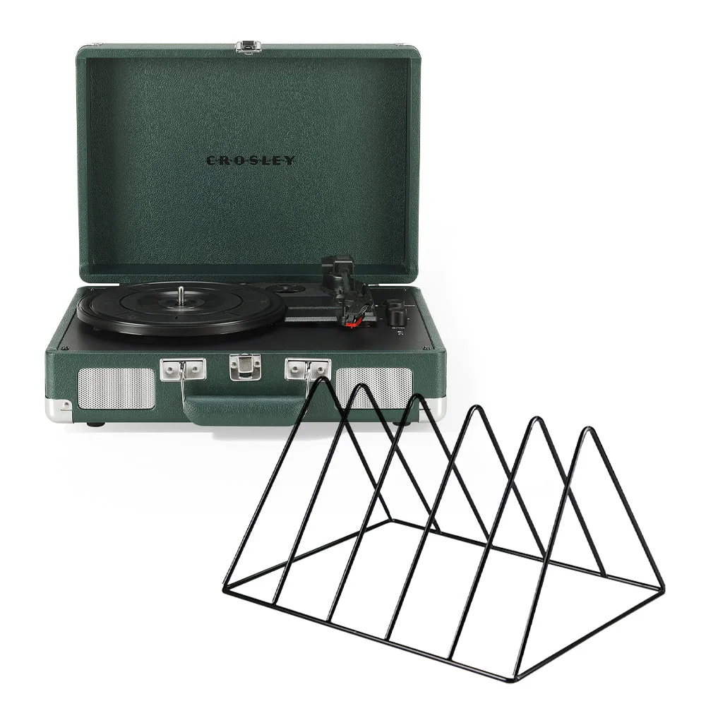 Crosley Cruiser Bluetooth Portable Turntable - Emerald Green + Gadhouse Vinyl Rack Bundle - Black
