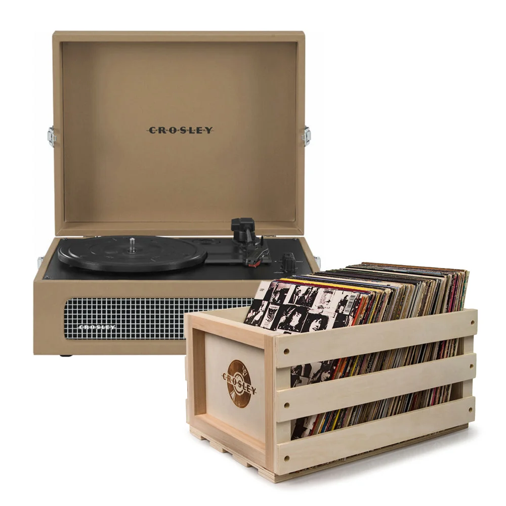 Crosley Voyager Bluetooth Portable Turntable + Bundled Record Storage Crate - Tan