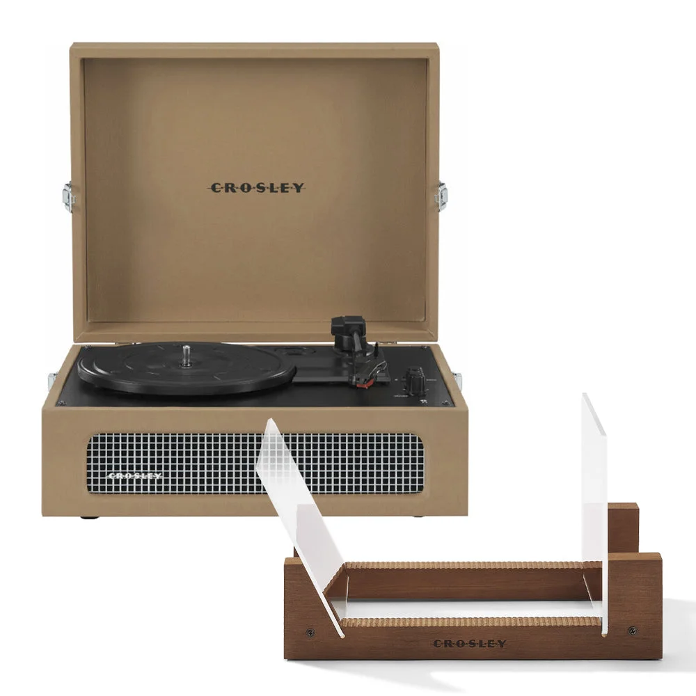 Crosley Voyager Bluetooth Portable Turntable + Bundled Crosley Record Storage Display Stand - Tan