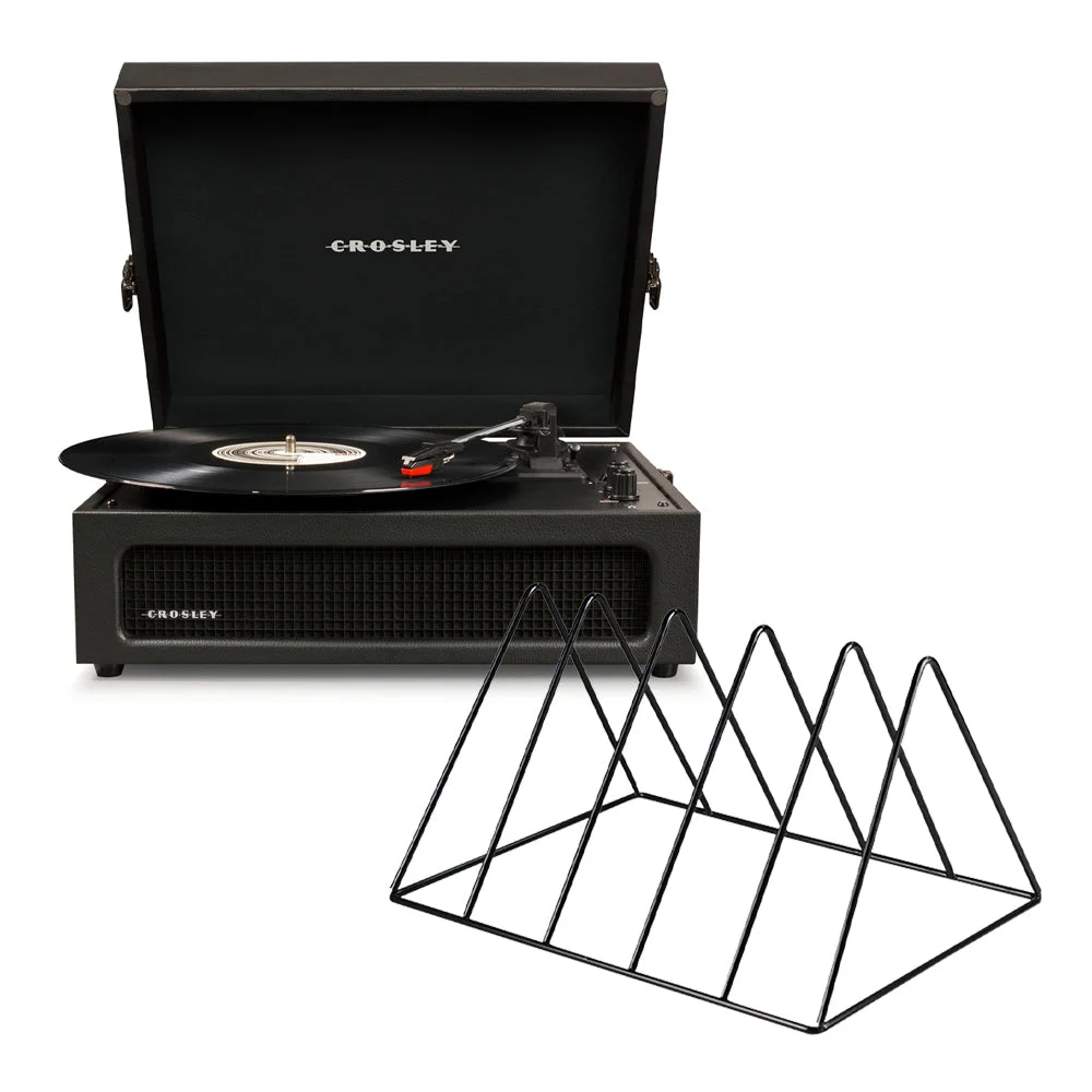 Crosley Voyager Bluetooth Portable Turntable - Black + Gadhouse Vinyl Rack Bundle - Black