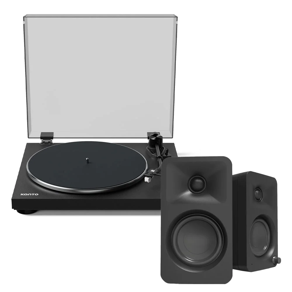 Kanto OBI3 Turntable - Matte Black with Kanto ORA 100W Powered Speakers - Black Bundle