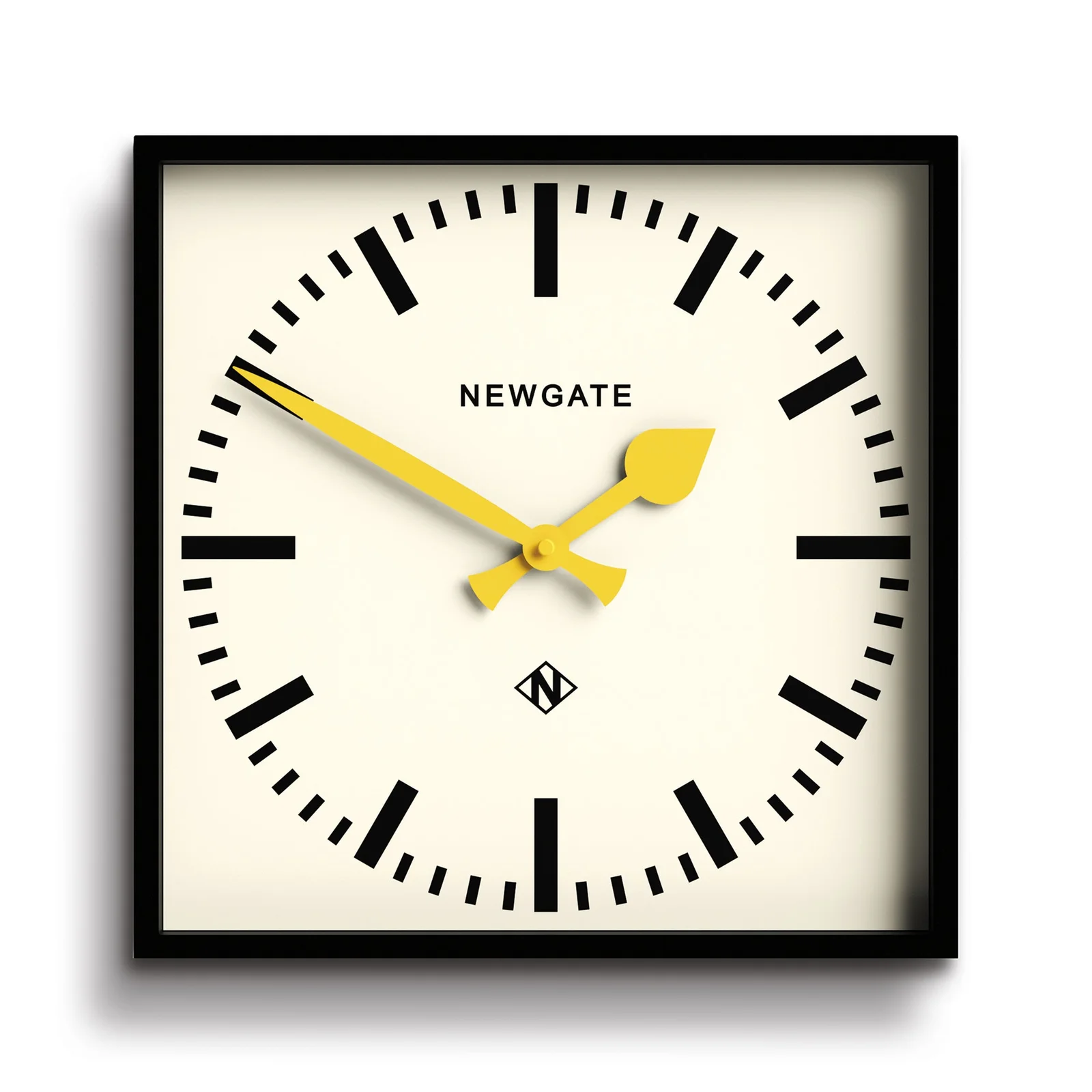 Newgate Number Five Square Wall Clock, Matt Black with Yellow Hands, 33.5cm