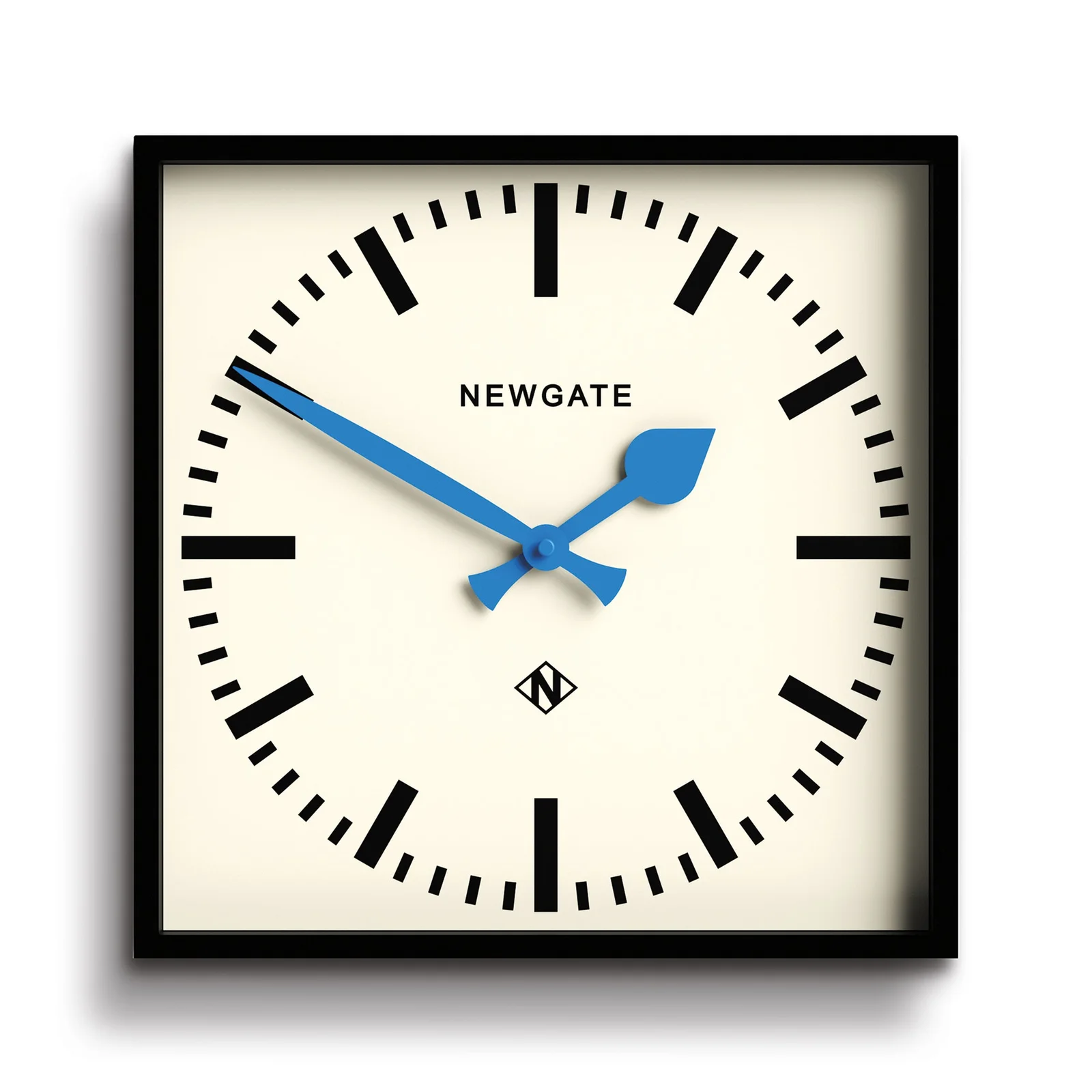 Newgate Number Five Wall Clock, Black Square Case with Blue Hands, 33.5cm