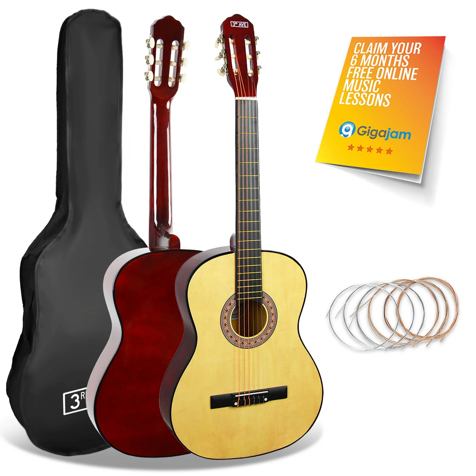3rd Avenue Full Size Classical Guitar Pack Natural with Gig Bag & Spare Strings