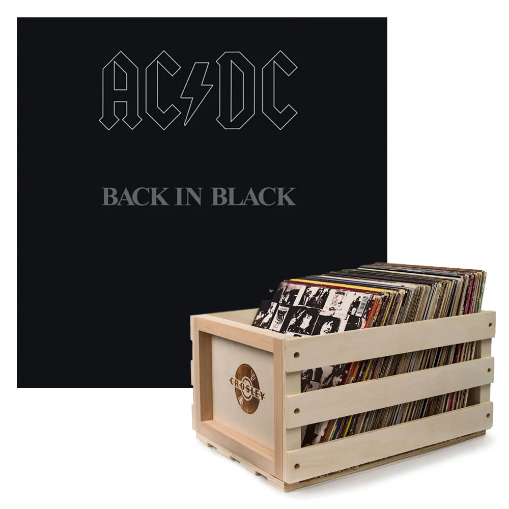 Crosley Record Storage Crate AC/DC Back In Black Vinyl Album Bundle