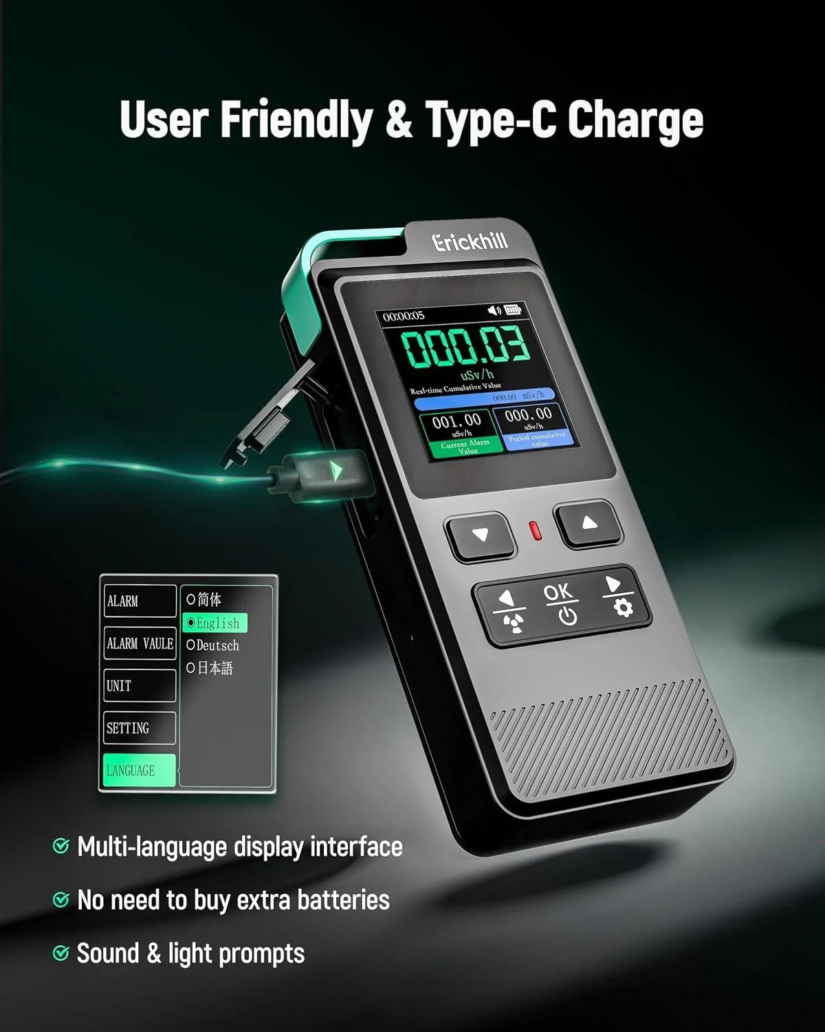 ERICKHILL 3 in 1 EMF Detector, Electromagnetic Field Radiation Detector for EF, RF, MF, WiFi,5G Signal,Triple Alarm Modes, Type-C Charging, EMF Meter  thumbnail 6