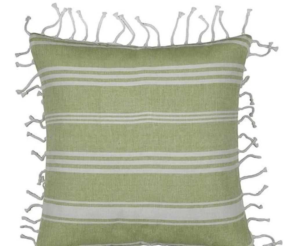 Fresh Green & White Striped Cushion Cover with white knotted edging