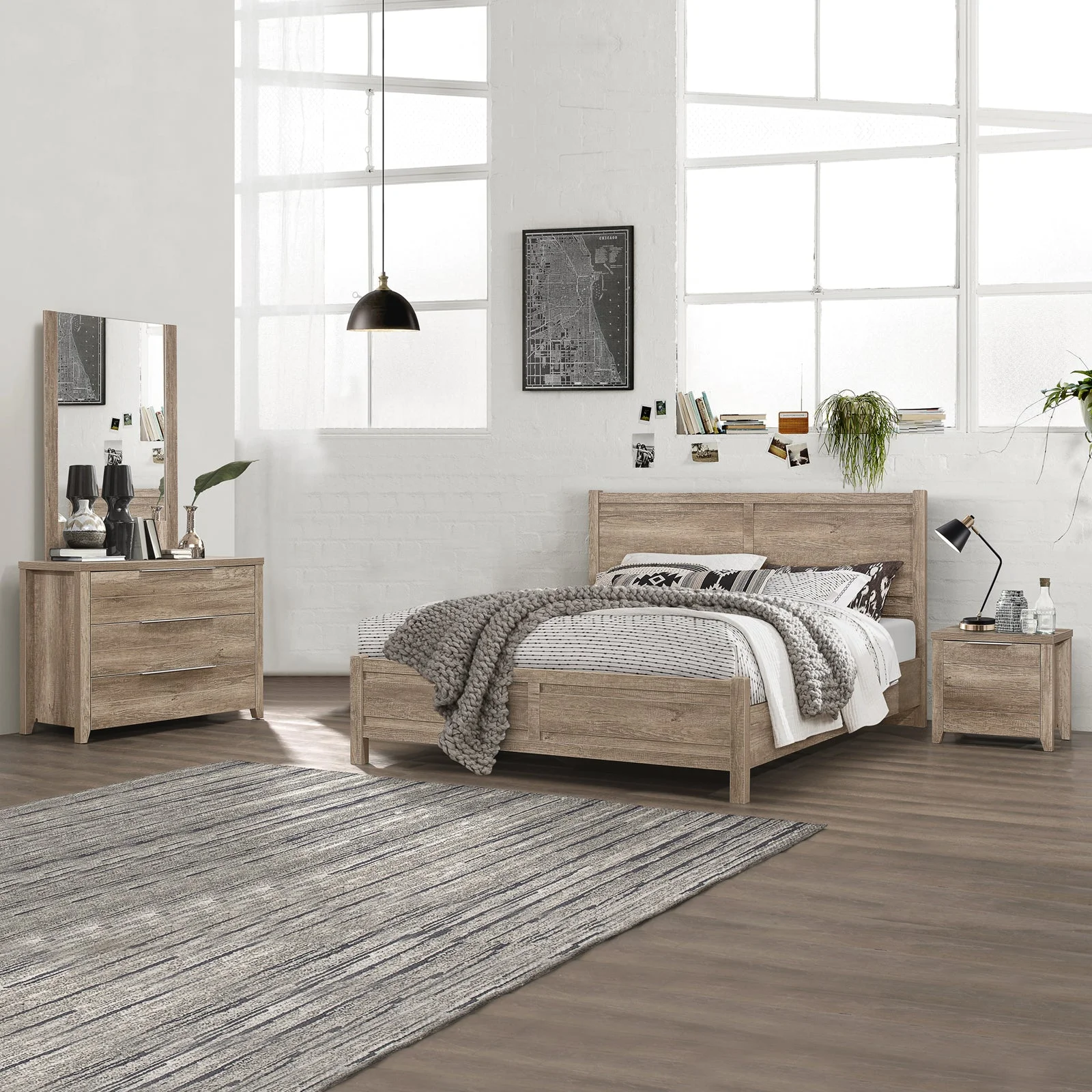 5 Pieces Bedroom Suite Natural Wood Like MDF Structure Queen Size Oak Colour Bed, Bedside Table, Tallboy & Dresser