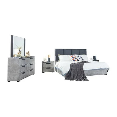 King 4 Pcs Bedroom Suite with Dresser Fabric Combination of Black & Cement Colour