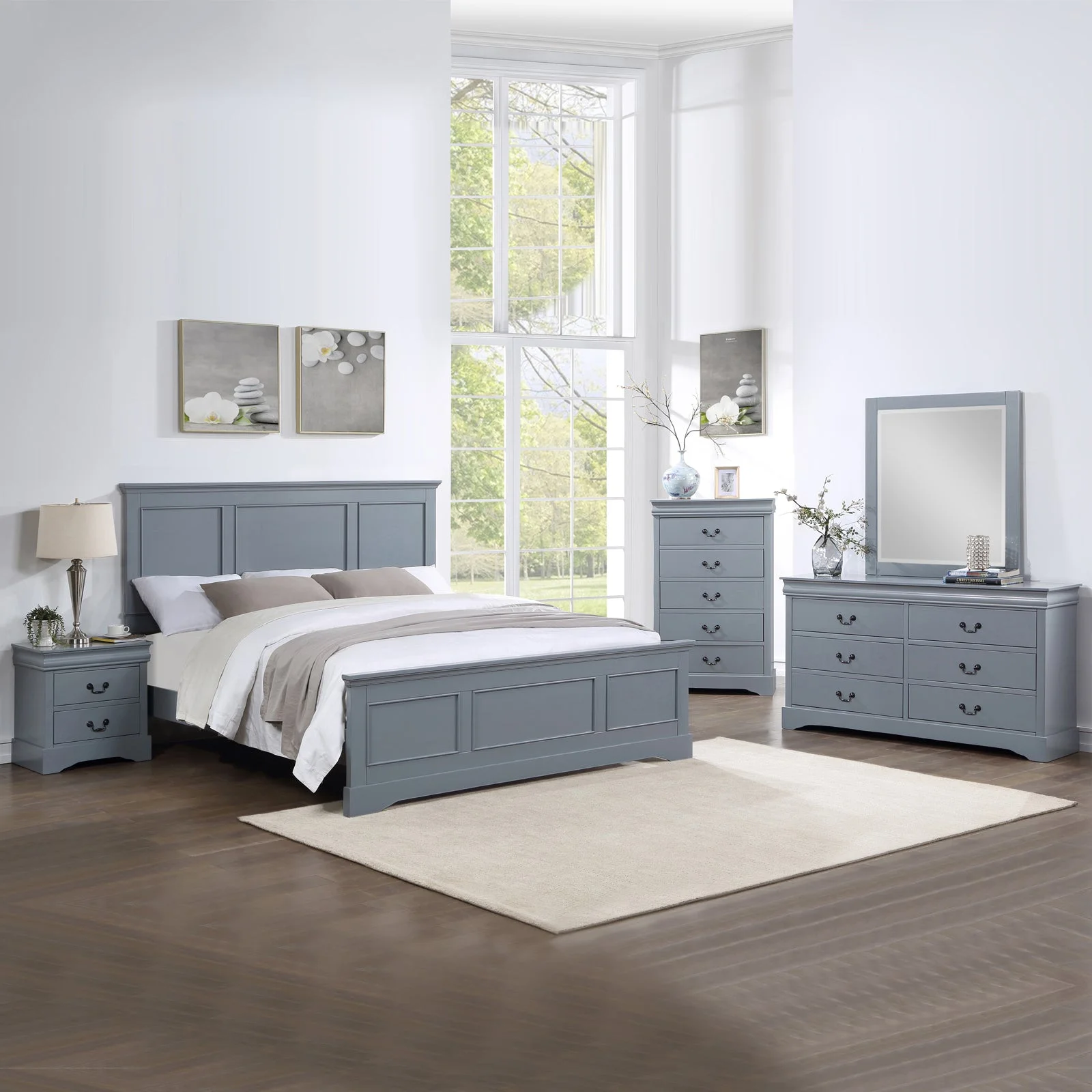 5 Pieces Bedroom Suite in Solid Wood & MDF Queen Size Grey Colour Bed, Bedside Table, Dresser & Tallboy